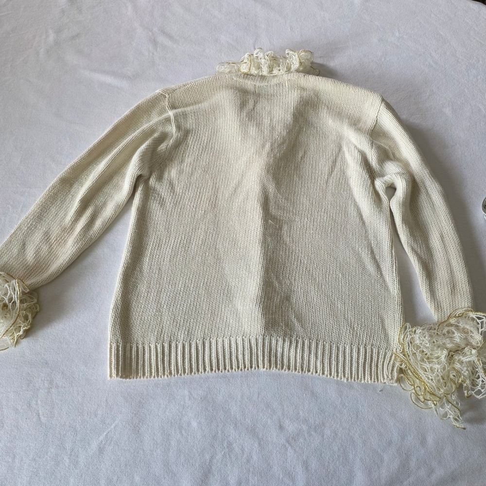 Vintage Chaus Romantic Cream Cardigan Med Oversized Crochet Ruffles Grandmacore - Picture 7 of 8